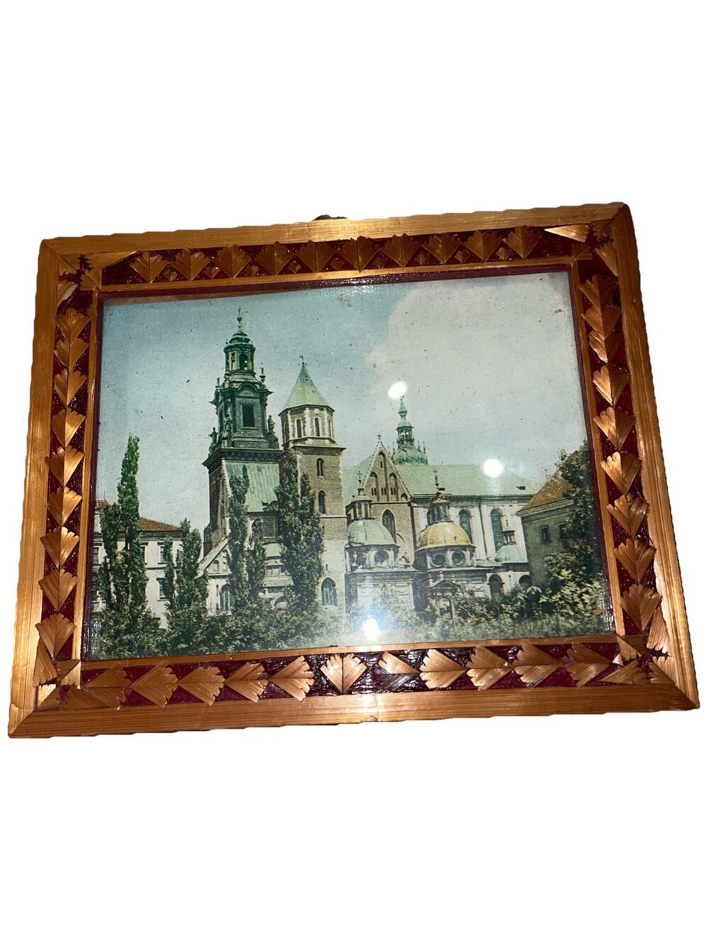 Wood Inlay Marquetry Art Picture Frame W Print Castle In Krakow Poland 6.75x5.5”
